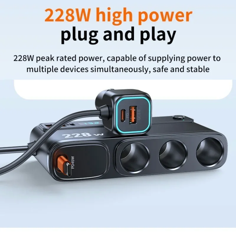 228W 9-in-1 Auto-Ladegerät-Adapter mit unabhängigen Schaltern 12V 24V PD45W Schnellladebuchse Zigarettenanzünder-Splitter – Detail 6
