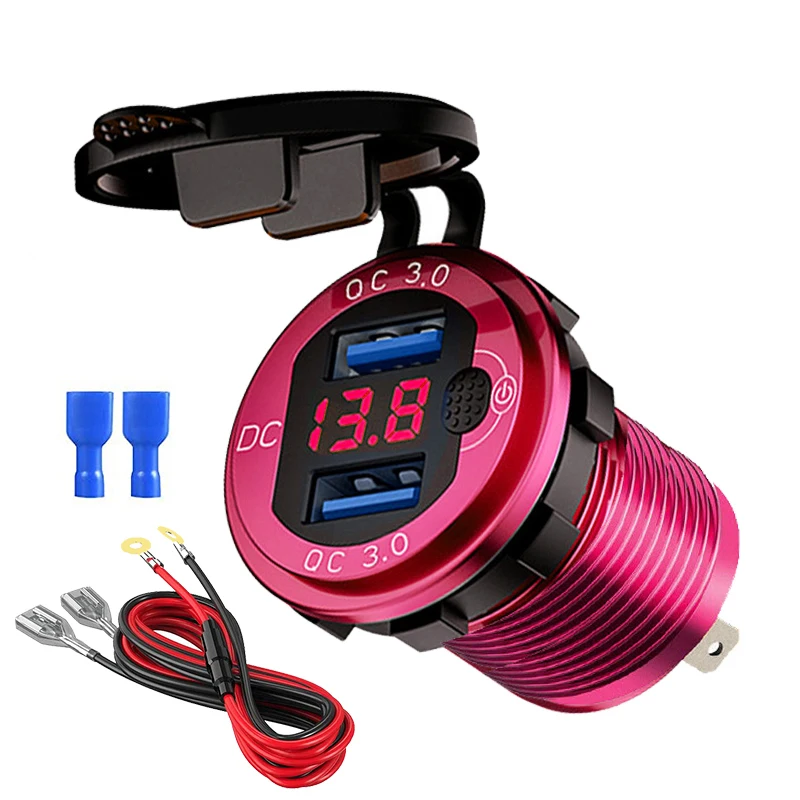 Snellader Aluminium QC3.0 Dual USB-autolader met schakelaarknop LED-spanningsweergave voor 12V / 24V auto's boten motorfiets