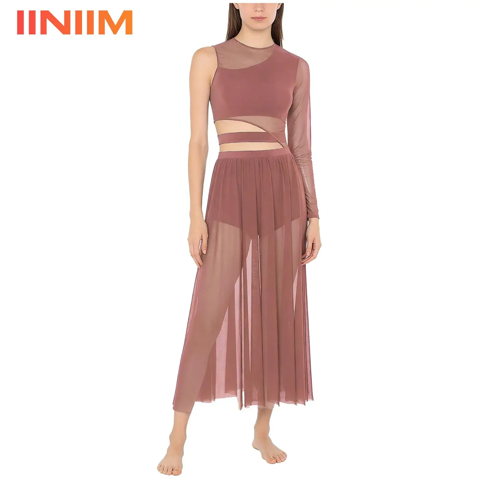 

Womens Modern Contemporary Lyrical Dance Costume Cutout Dance Body Dress Side Split Sheer Mesh Long Maxi Dresses Dancewear