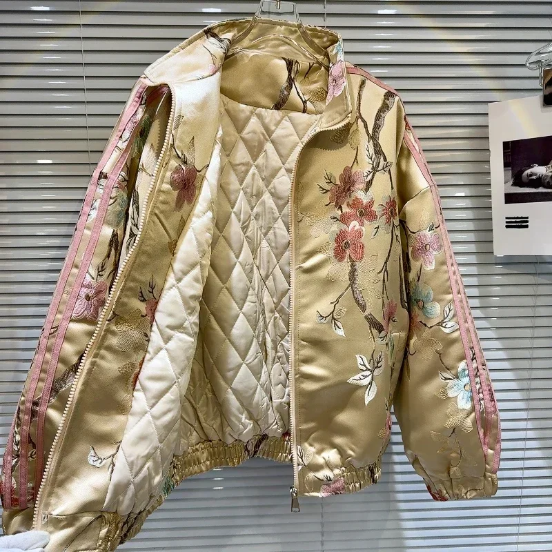 Winter Retro Flowers Printed Contrast Satin Jacket Cotton Padded Faux Silk Parkas Coat Zipper Quilted Cardigan Stand Collar Tops