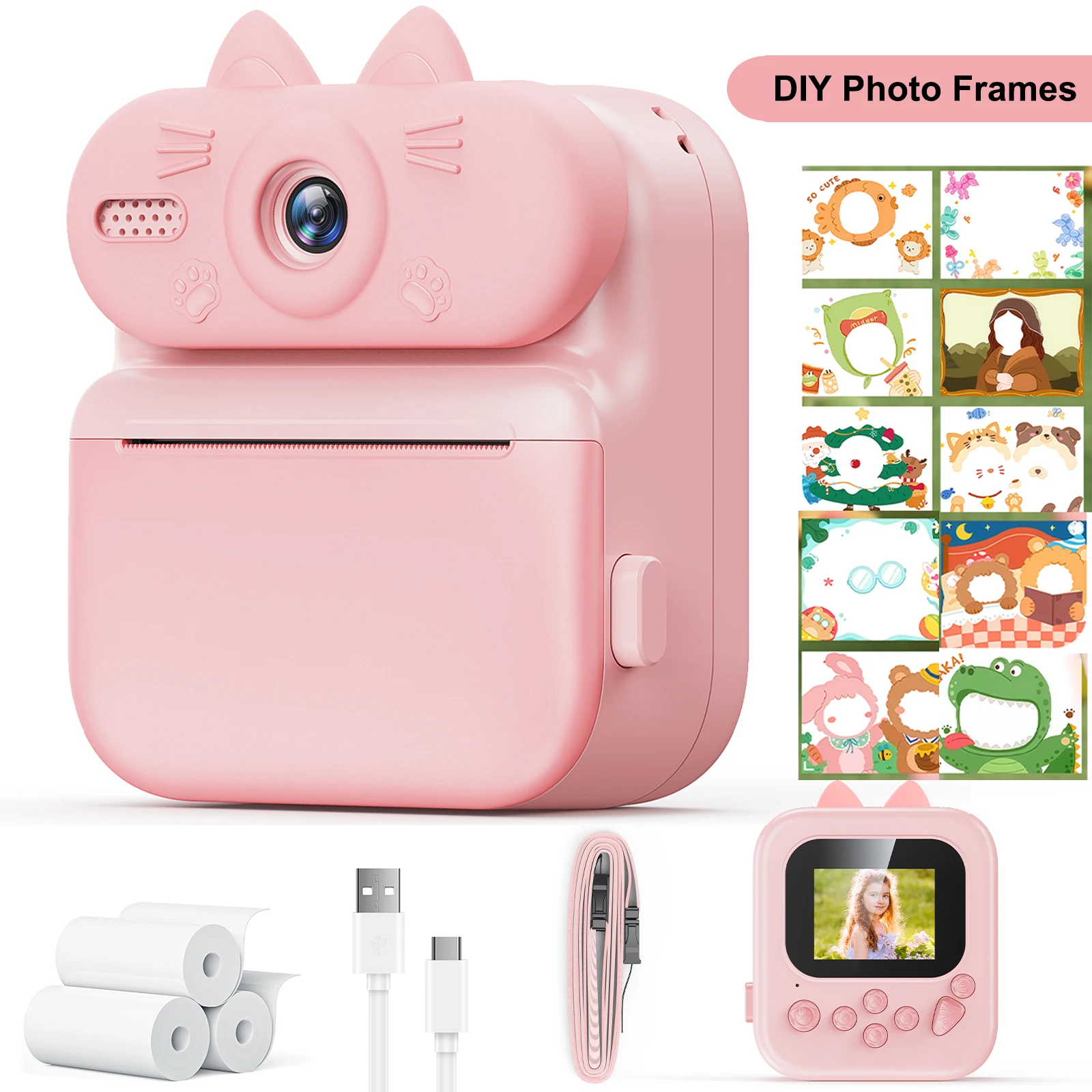 Kids Camera Instant Print 16x Cat Camera With Printing Paper 1080p Rabbit Toy Cameras Christmas Birthday Gifts For Kids Age 3-12