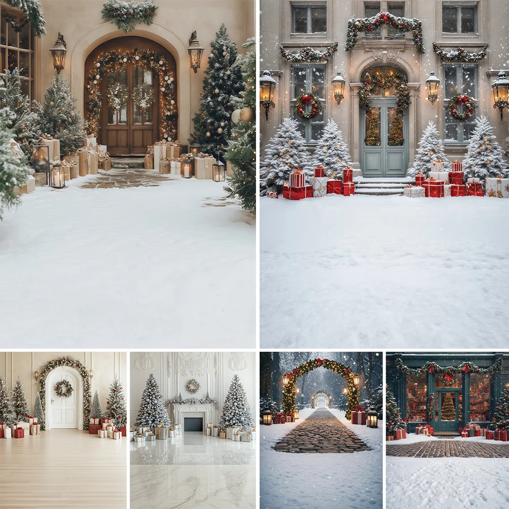 

Photography Background Christmas Front Door Beige Arch Door Xmas Tree Kids Family Portrait Decor Backdrop Photo Studio