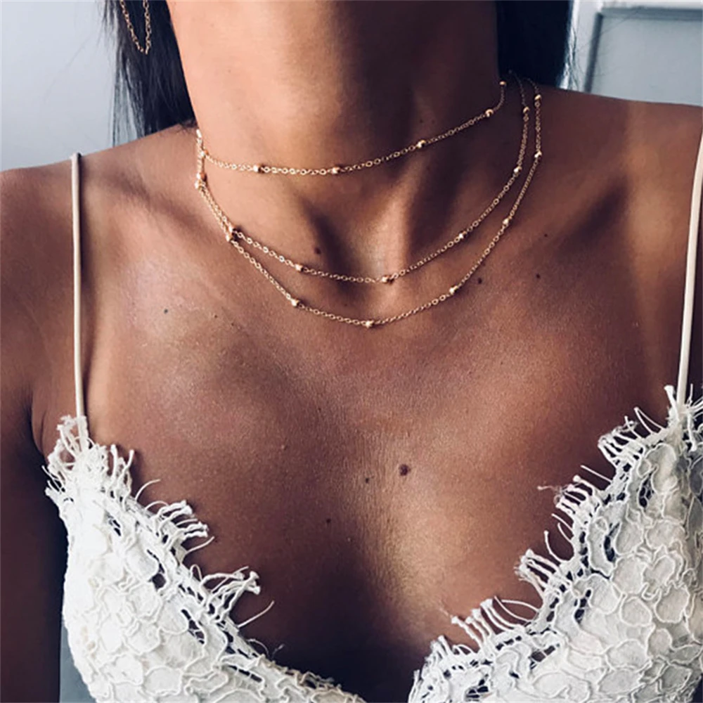 SUMENG New Simple Boho Golden Silver Color Chain Beads Chokers for Women Layerd Necklaces Fashion Jewelry Accessories