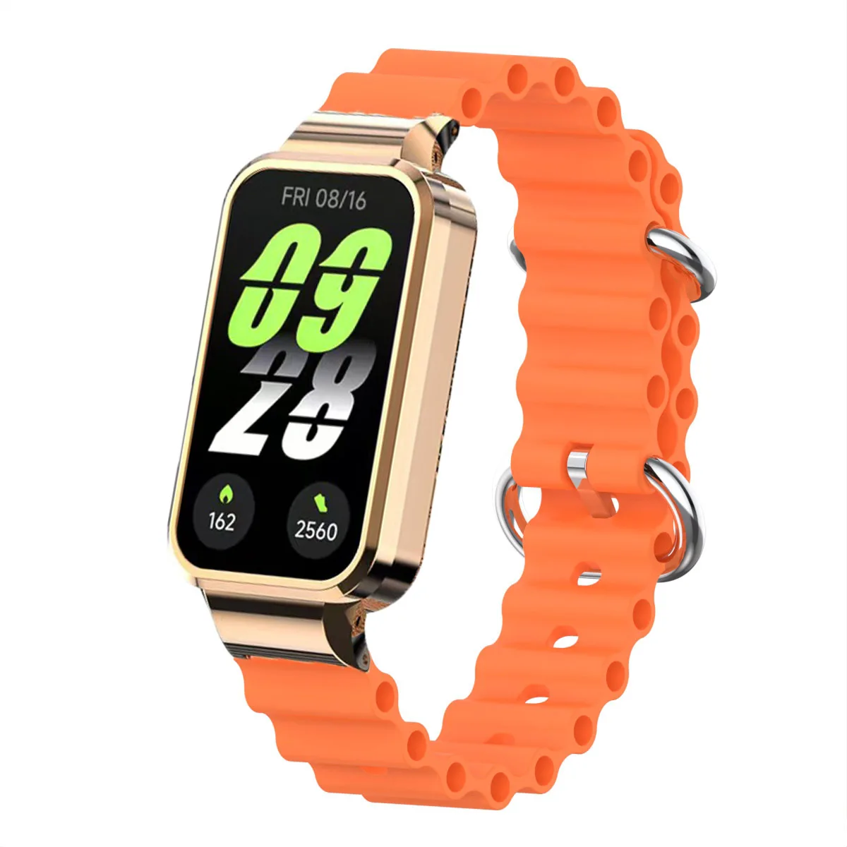 2in1 Wavy Silicone Strap+Rose Gold Case Suit for Redmi Band3 and Miband9 Active Metal Protective Cover and Silicone Strap