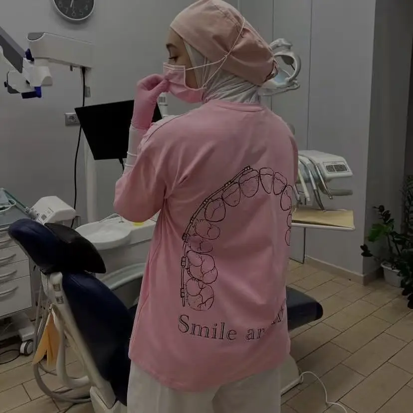 Tooth Architect Funny Print Short Sleeve 100% Cotton American Retro White Pink Tshirt Women Men Loose Fit All-match Oversize Tee