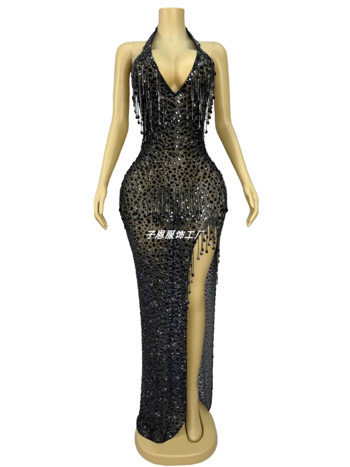 Gorgeous heavy industry rhinestone diamond chain V-neck backless dress party party red carpet dress costume