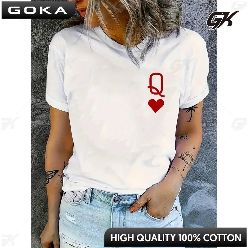 

Ladies' Fashion Trend Heart-shaped Letter Q Print Round Neck Short Sleeved Simple Casual Cotton Fashion Sports Loose Ropa Mujer