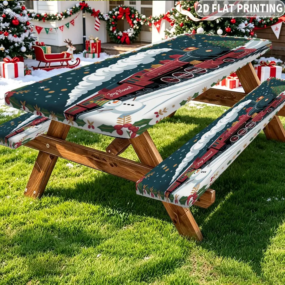 3pcs 2D FLAT Printing 1 Tablecover +2 Bench Covers, Festive Red Train On Dark Green Snowy, Elastic Band Edge Dining Tablecloth,