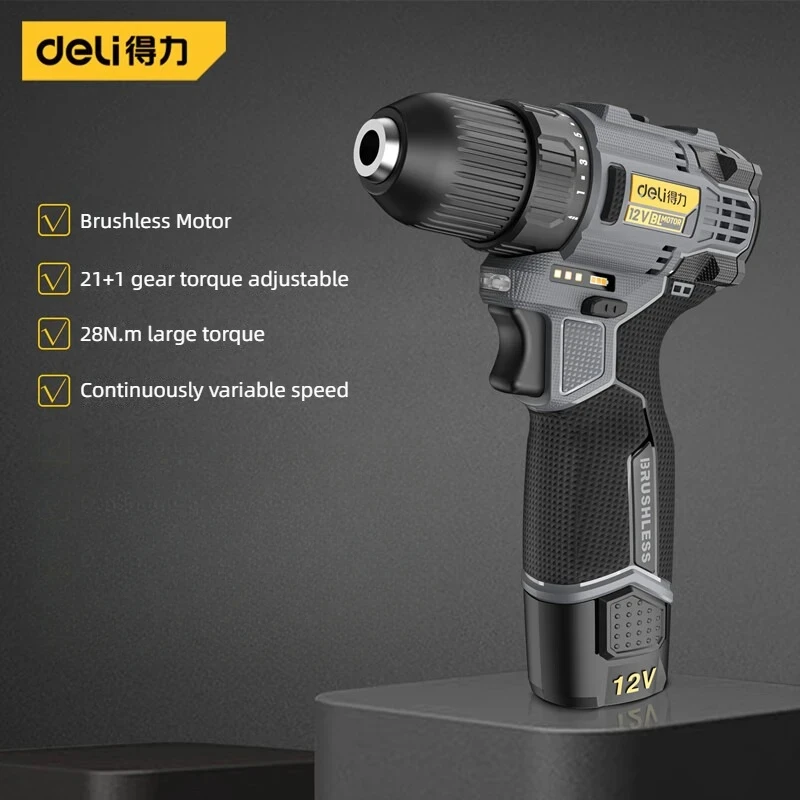 Deli Brushless Lithium Electric Drill Rechargeable 12v 28N.m Electric Drill Household Large Torque Electric Screwdriver Tool Kit