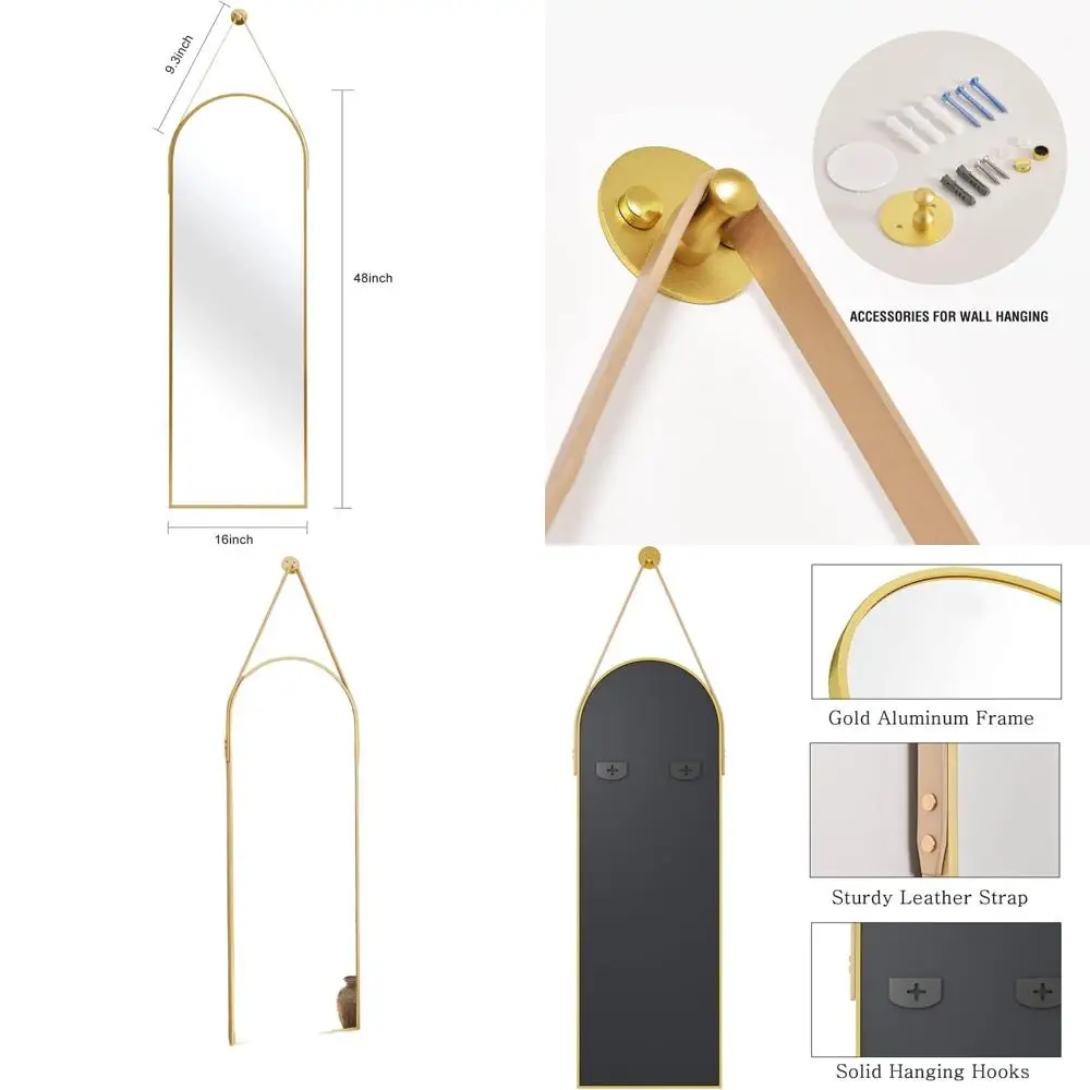 

Arched Wall-Mounted Leather Strap Hanging Mirror, 16x48, Gold - Ideal for Bathroom, Vanity, Living Room, Bedroom, Entryway Décor