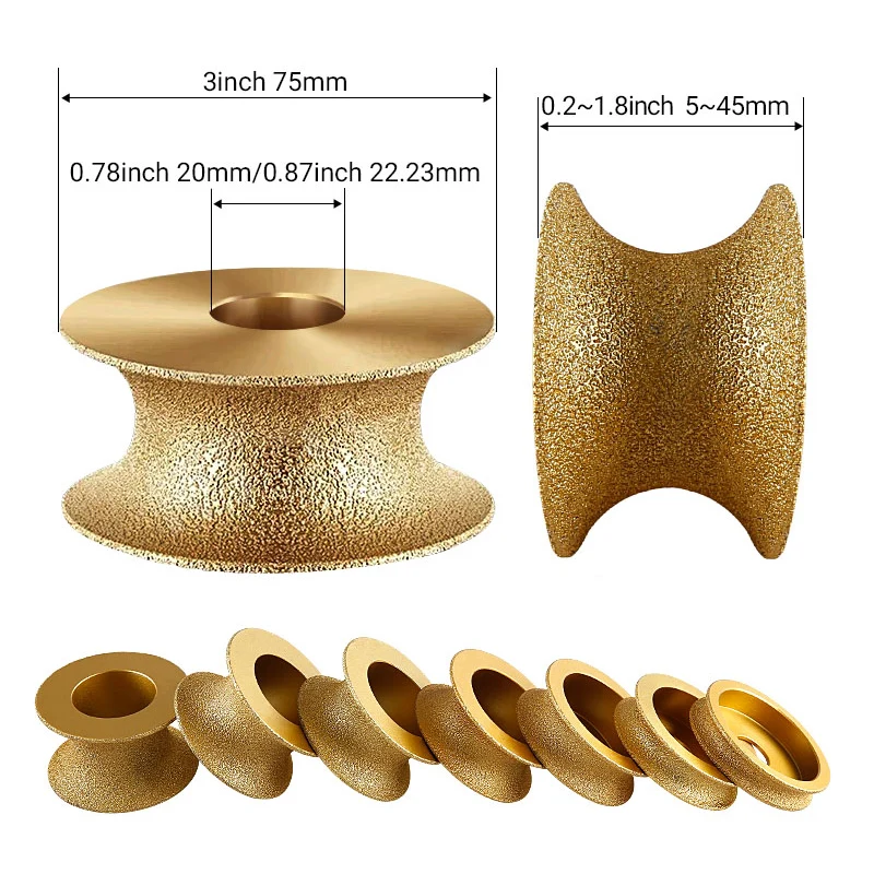 22.23/20mm Aperture 75mm Round Vacuum Wet and Dry Brazed Diamond Grinding Wheel Half Round Edge Marble Stone Edge Profile Grind