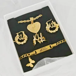 LeeChee Butterfly 4Pcs Set Custom Name Earrings Butterfly Charm Bracelet Ring Heart Pendant Necklace Jewelry Girls Set