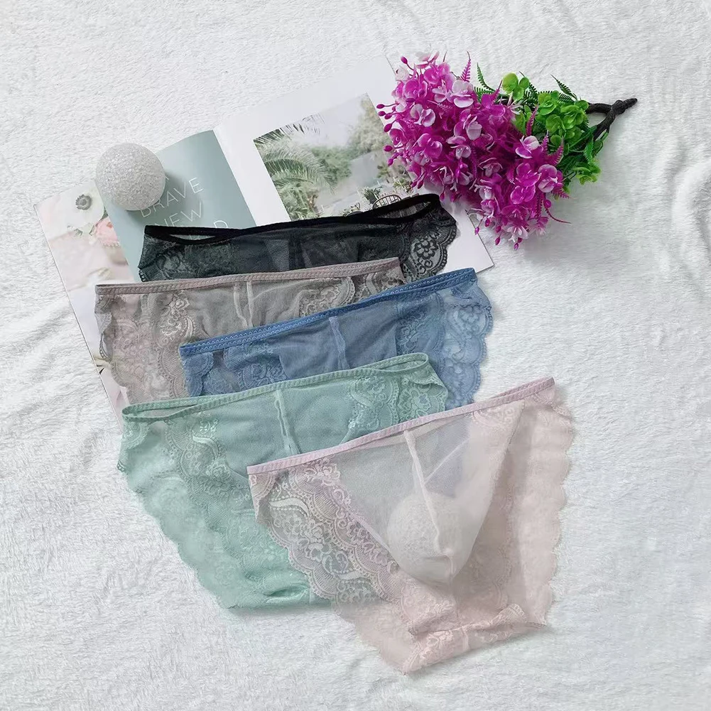 Sexy Sheer Mens Underwear Seamless Fashion Lace Briefs U Convex Pouch Summer Lightweight Breathable Panties