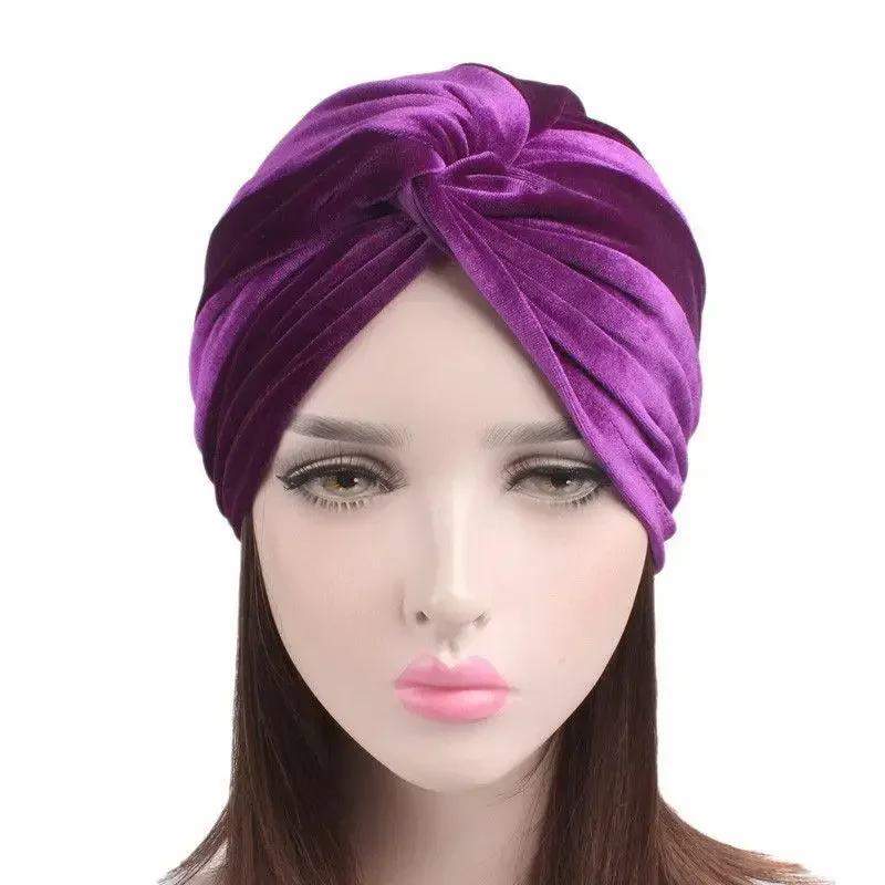 Luxury Soft Velvet Turban Indian Winter Muslim Woman Pleated Bandana Cancer Chemo Head Wrap Hat Hair Loss Ladies Beanies  New