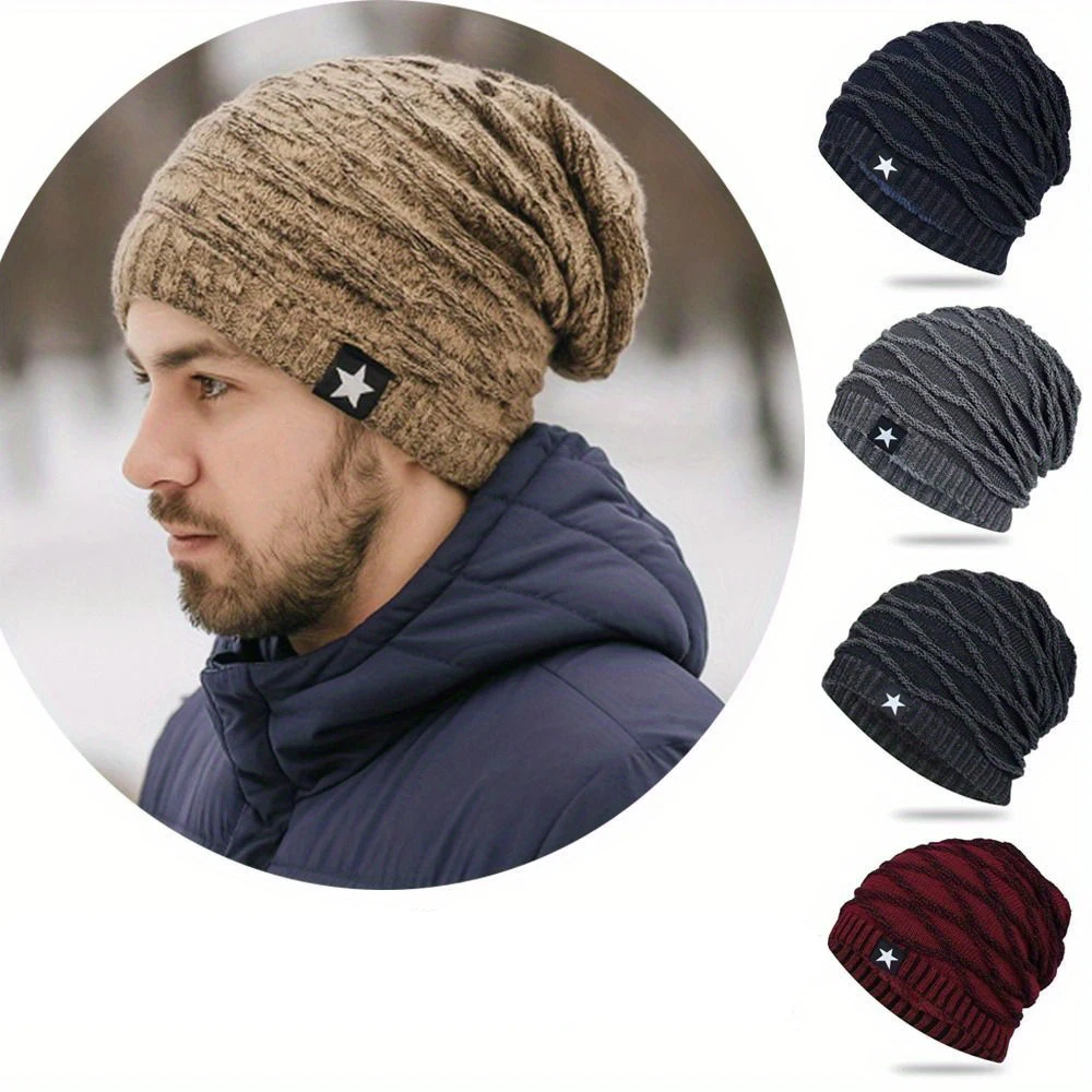 1PC New Unisex Slouchy Winter Hats Add Fur Lined Men And Women Warm Beanie Cap Casual Five-pointed Star Decor Winter Knitted Hat