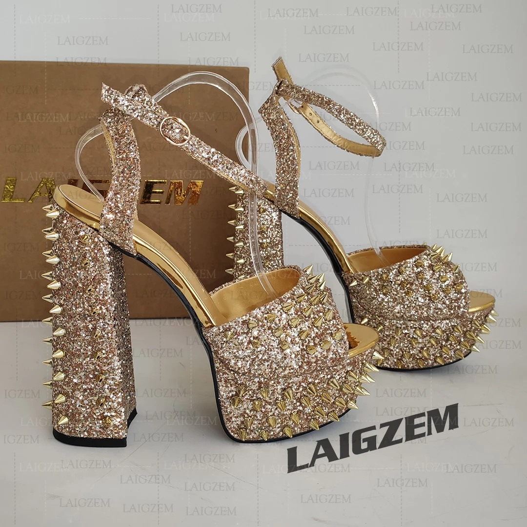 BERZIMER Women Platform Sandals Studded Open Toe Thick High Heels Pumps Ladies Glitter Summer Shoes Woman Large Size 38 41 45 47