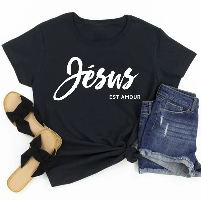 Funny Jesus T Shirt for Women Letters Print Top Fashion Casual Faith Tees Pray Love Hope Holiday Gift Lady Cotton Streetwear Tee