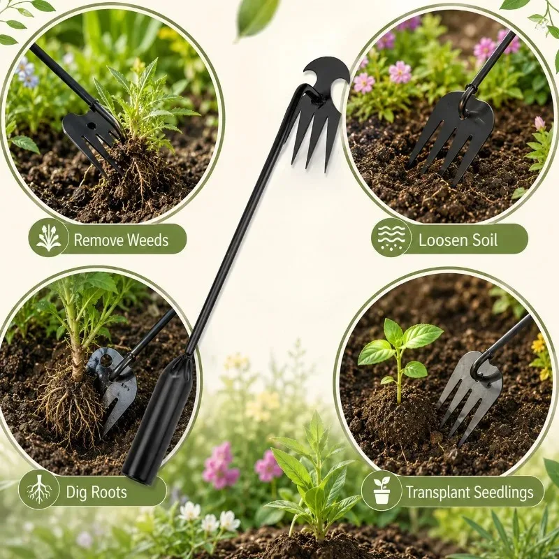 2 in 1 Garden Rake Manual Seed Grass Rooting Tool Puller Shovel 4 Teeth Weeding Removal Hand Gardening Loose Soil Tool Weeder - view 4