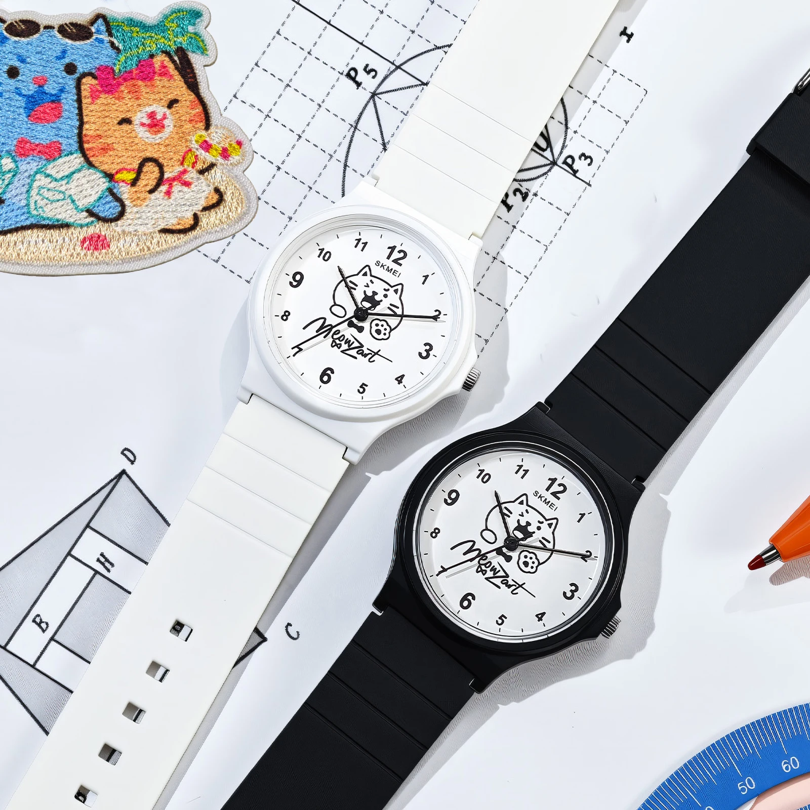 SKMEI 7801 MEOWZART Quartz Wristwatch Student Fashion Simple Watch 30M Waterproof Cute Cat Embroidery Casual Clock Outfit Wear