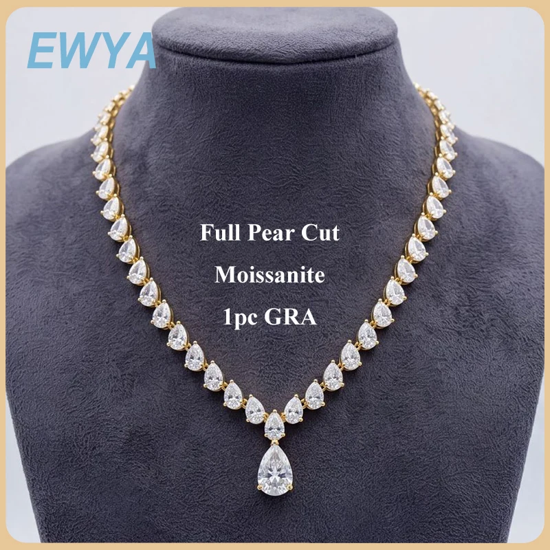 EWYA 4CT 8*12mm Pear Cut All Moissanite Tennis Neck Chain V Shape Woman s925 Silver All Lab Diamond Party Bridal Necklaces Gift