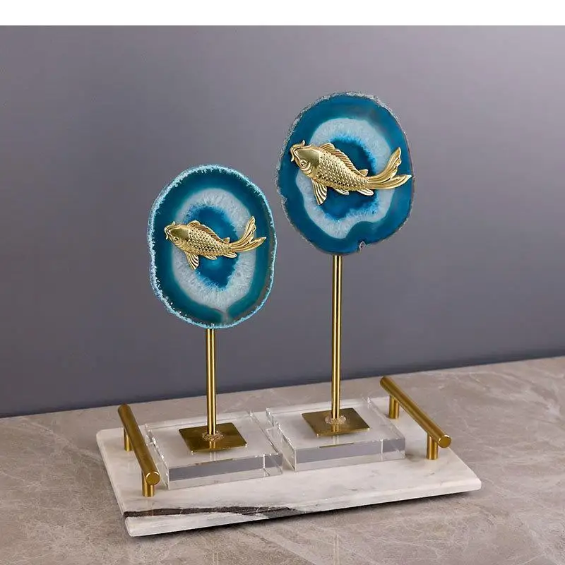 Blue Agate Carp Sculpture Crystal Base Crafts Ornaments Desk Decoration Golden Fish Statue Modern Artwork Room Aesthetics Decor