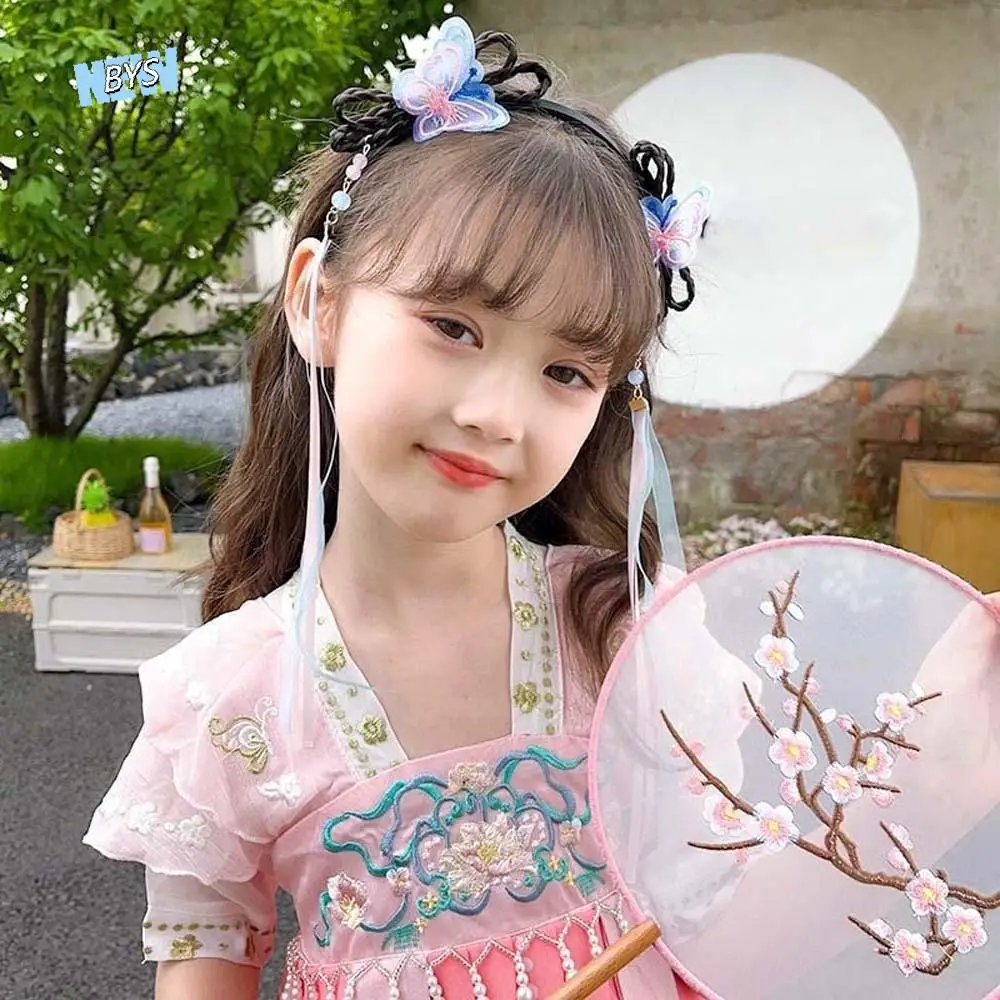 

Повязка на голову с лентой-бабочкой в китайском стиле, кисточка, изысканная вышивка, головной убор ханьфу для девочек с заколками для волос, бантом