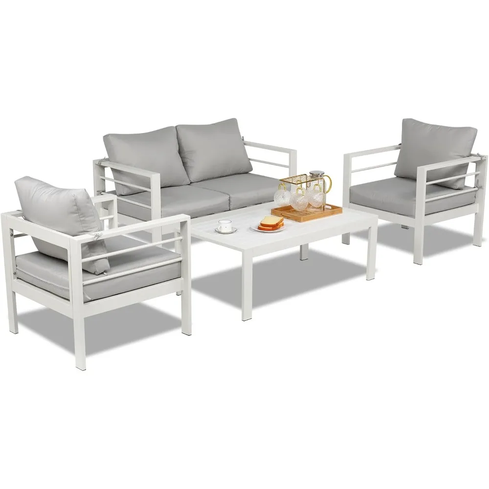 Outdoor Furniture 4 Pieces Modern Aluminum Patio Furniture Set, Patio Sofa Set Outdoor Patio Conversation Sectional Set  (White)