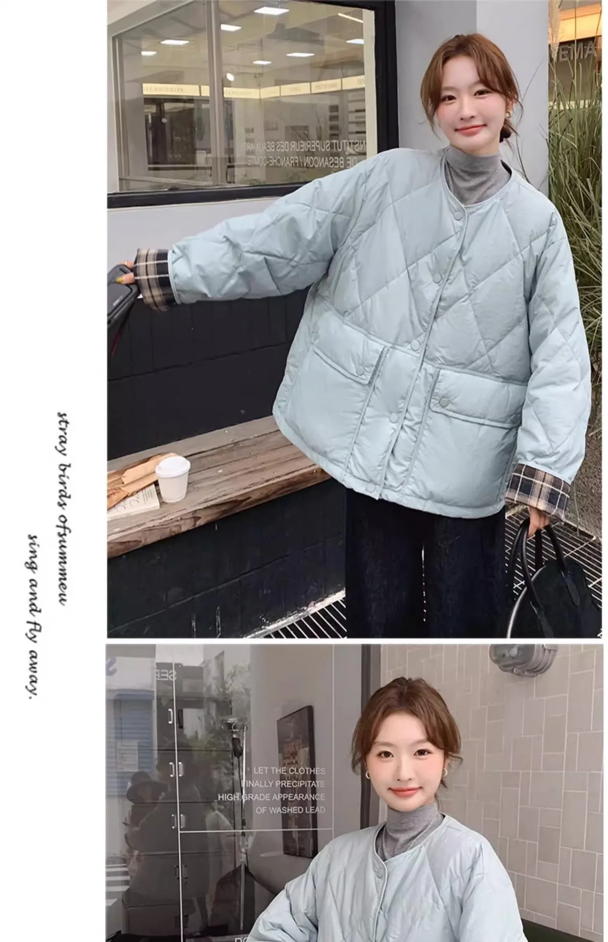Retro Plaid Patchwork Lightweight Puffer Jacket Autumn Winter Loose Casual Quilted Jacket Female Round Neck Commute Padded Coats