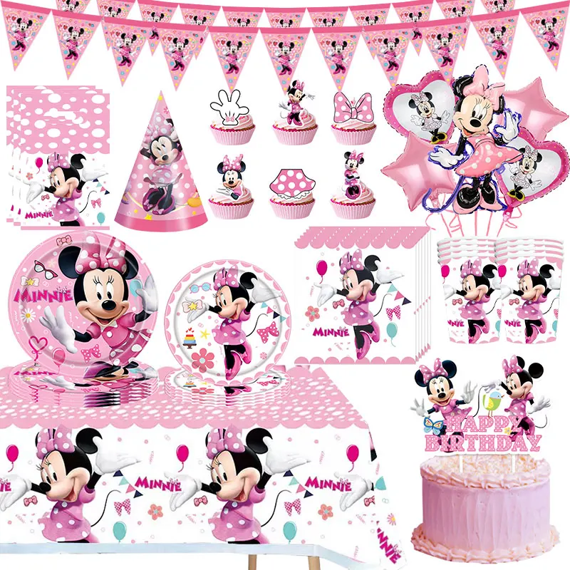 Nouvelle décoration d'anniversaire Minnie, ensemble de vaisselle mignon Minnie Mouse, assiettes, gobelets, serviettes, ballons, bannière, sacs cadeaux, fournitures pour fête d'enfants