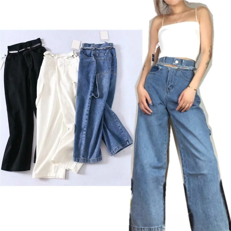 

High Waist Hollow out Denim Jeans Women's Spring Autumn Loose Fitting Slimming Wide Leg Workwear Long Trousers