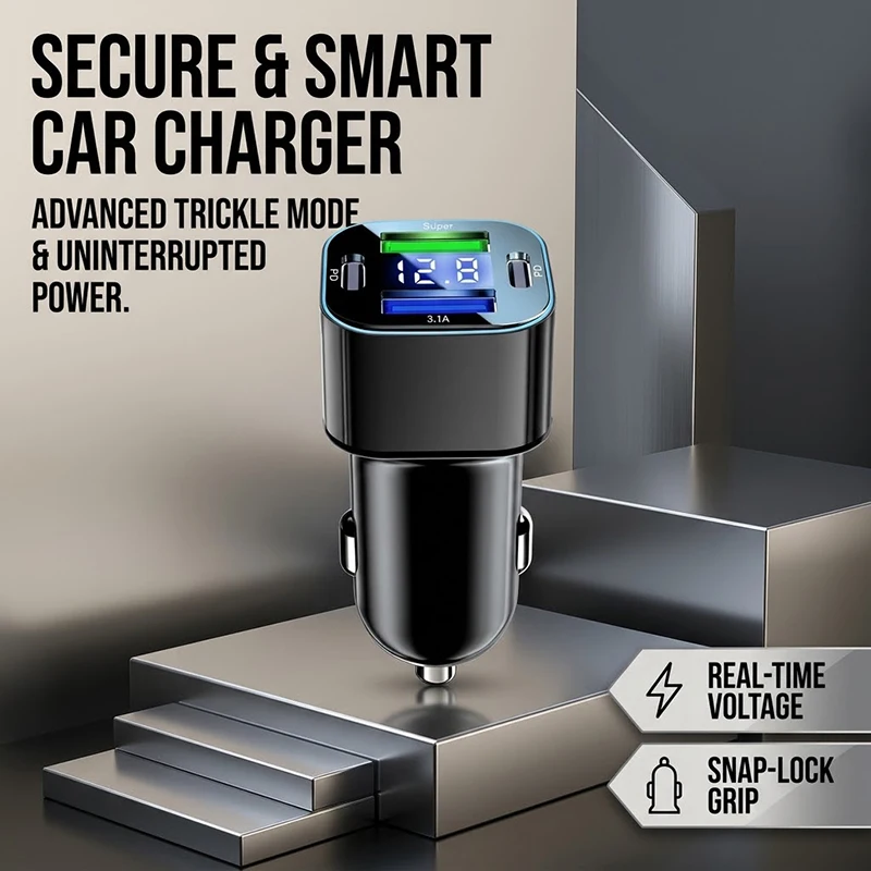 4 Ports USB C Car Adapter with Digital Voltage Monitor, Aluminum Fast Charging Vehicle Plug with Smart Trickle Charge For Phones
