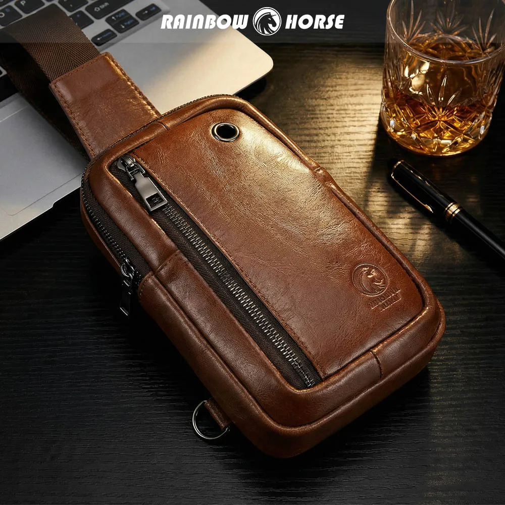 Rainbow Horse 2026 New Men's Small Chest Bag Casual Crossbody Backpack Crazy Horse Leather Chest Bag Factory Direct Supply for C