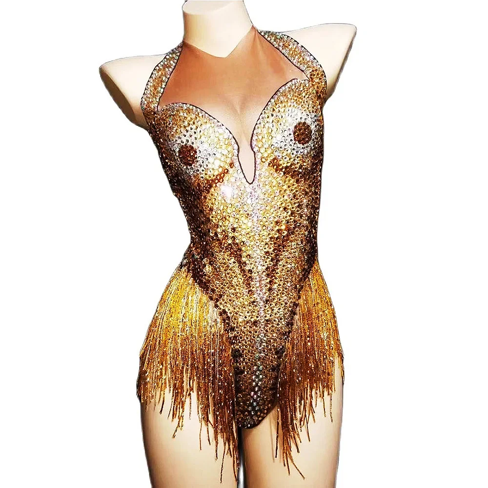 

Glitter Gold Rhinestones Fringes Women Bodysuits Sleeveless Halter Body Suits Nightclub Pole Dancing Costumes Singer Stage Wear