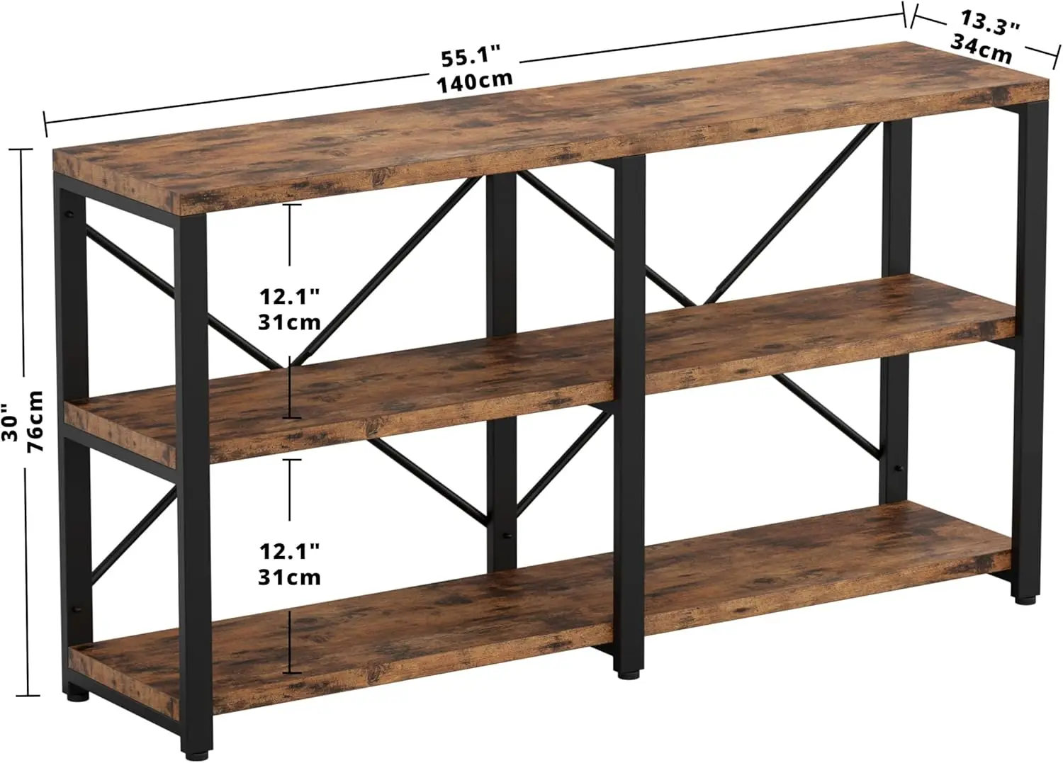 Bookshelf Double Wide 55 in 3-Tier, Industrial Bookcases, Wood and Metal Bookshelves, Book Shelves for Home Office Decor