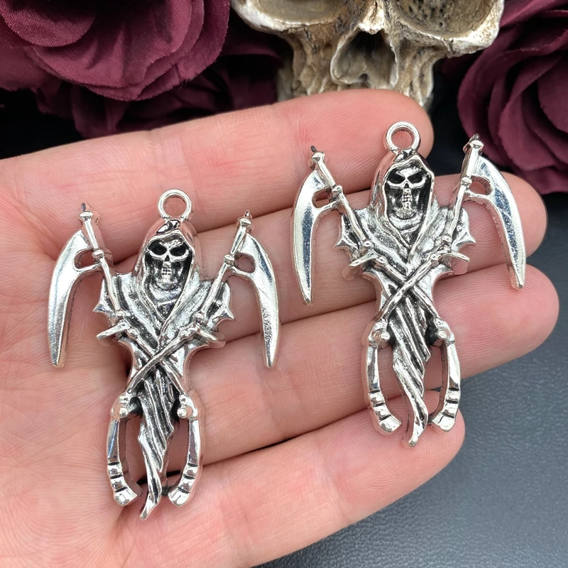 2 قطعة قاتمة الفضة العتيقة ريبر الموت الله الجمجمة المنجل السحر مصمم دلايات قلادة صالح صنع المجوهرات Findings بها بنفسك النتائج مجوهرات #4