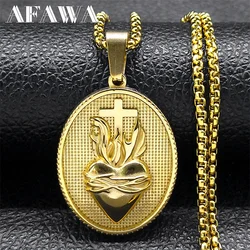 Vintage Christian Sacred Heart of Jesus Cross Necklace for Women/Men Stainless Steel Gold Color Catholic Chain Jewelry NZZ465S02