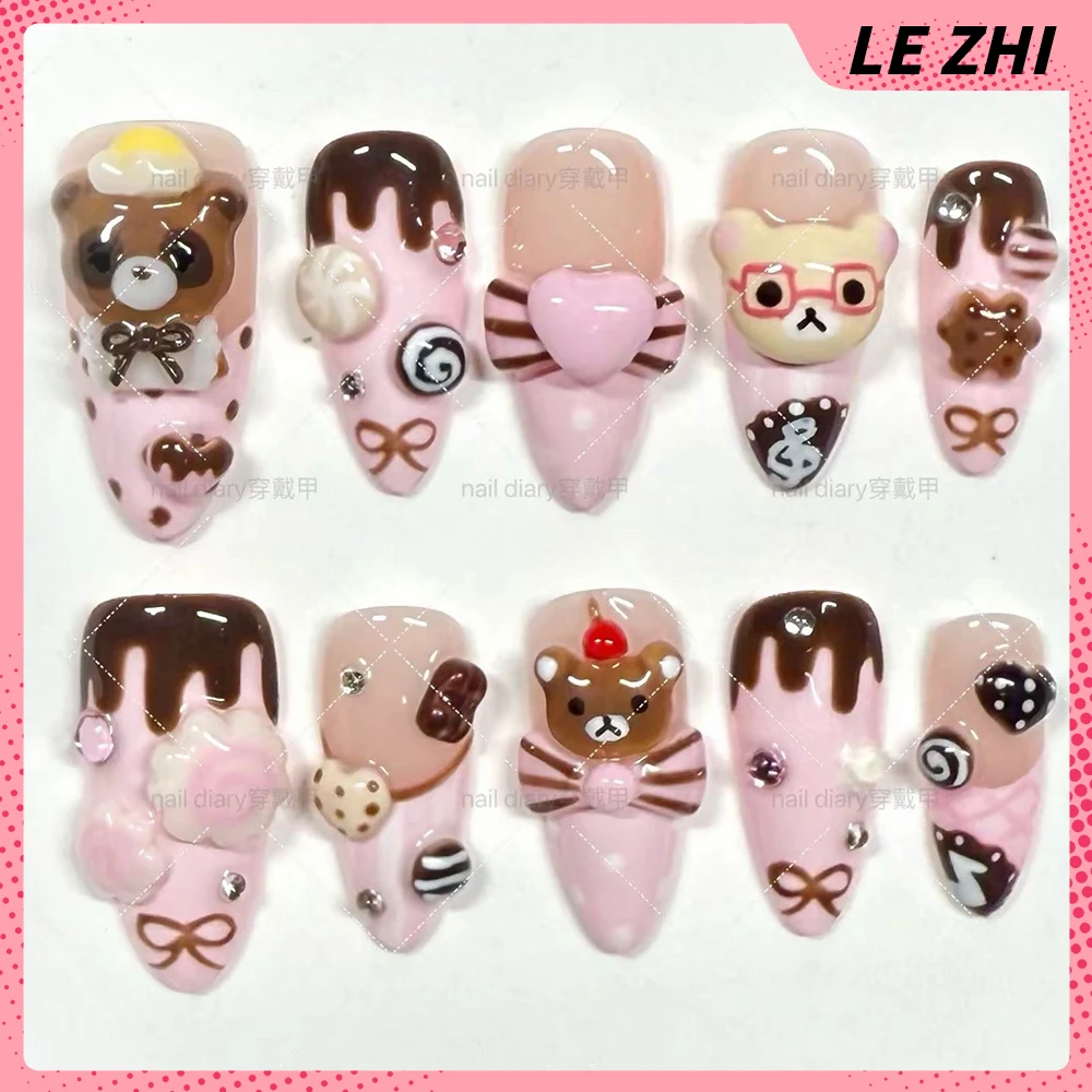 Cute Rabbit Bear Cat 3D Animals Press On Nails Art Stickers Strawberry Dot Pattern Note Almond Manicure Fake Nails view 6