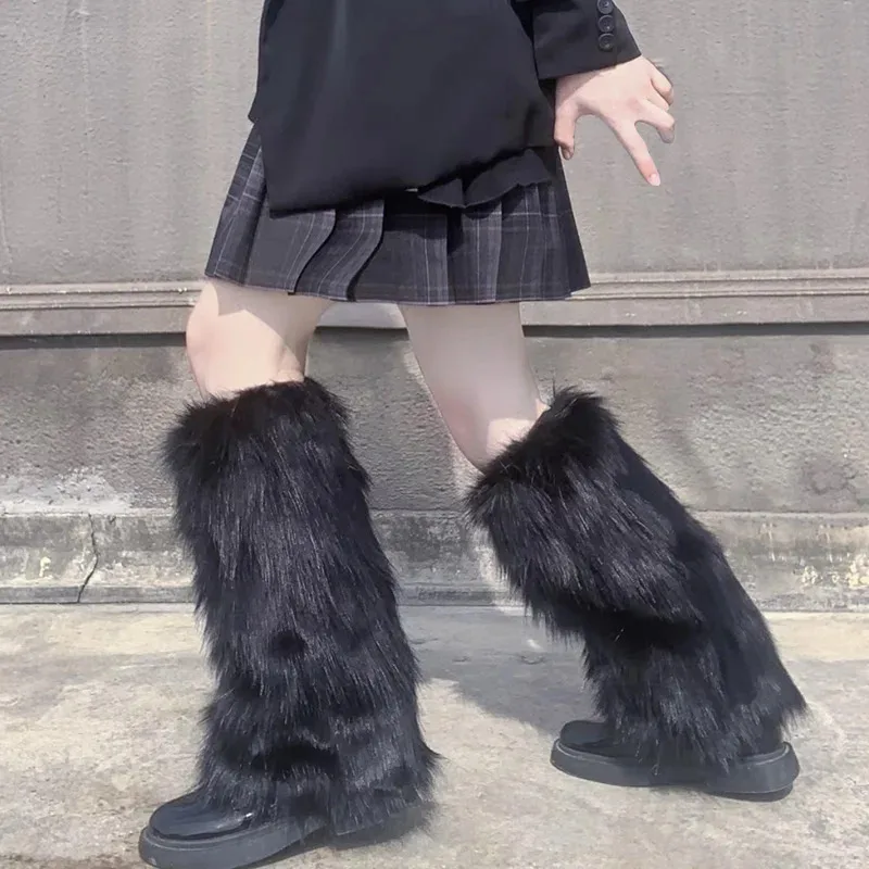 Furry Leg Warmers Y2K Goth White Faux Fur Leg Warmer Boot Covers Women Lady Cute Jk Knee-length Hipster Warm Sock Fashion Socks