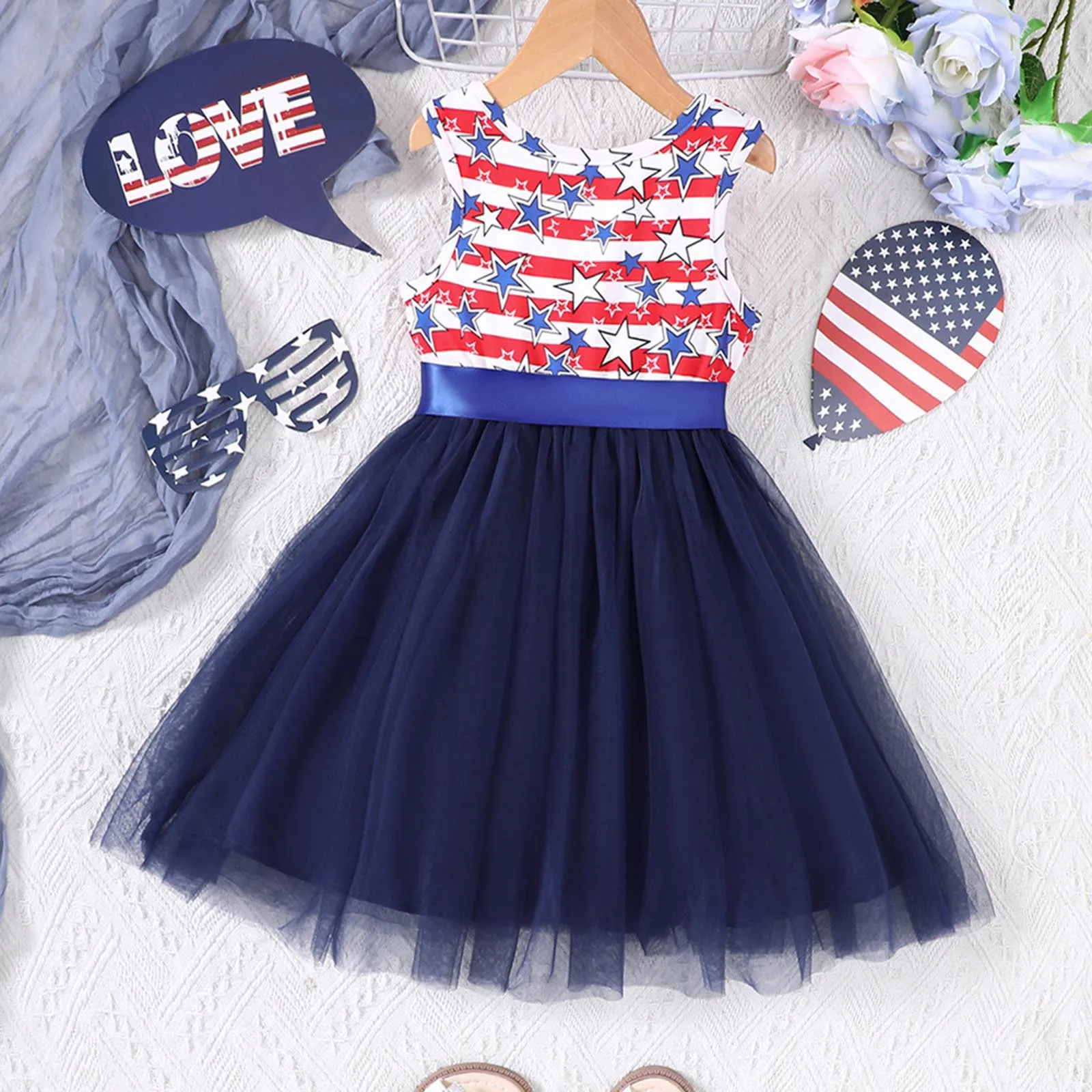 Kids Girls Summer New American Ethnic Pattern Independence Day Element Dress Five Pointed Star Bow Mesh Patchwork Tulle Dress