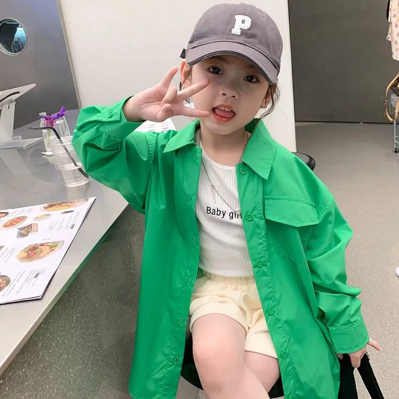 

2026 Spring Autumn Kids' Loose Shirt Korean Style Green Mid Length Fashionable Streetwear Children's Long Sleeve Top
