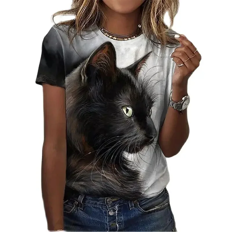 

New Women T Shirts 3d Cool Cat Black Short Sleeves Tops Summer Street Fashion Slim Comforts Tshirts Girl Crewneck Tee Shirts