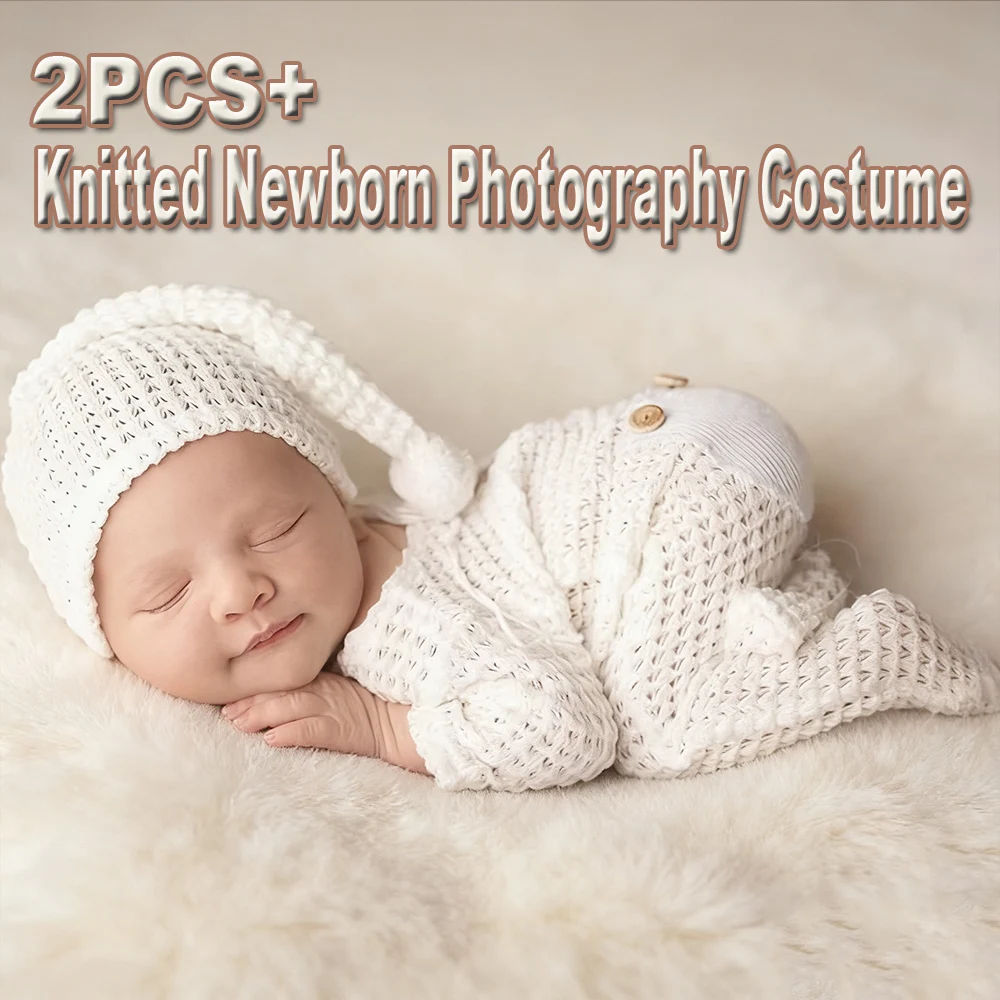 Neworn Footed Jumpsuit for Photo Shooting Infant Photography Outfits Newborn Buttons Pocket Romper with Pom Sleepy Hat Suit
