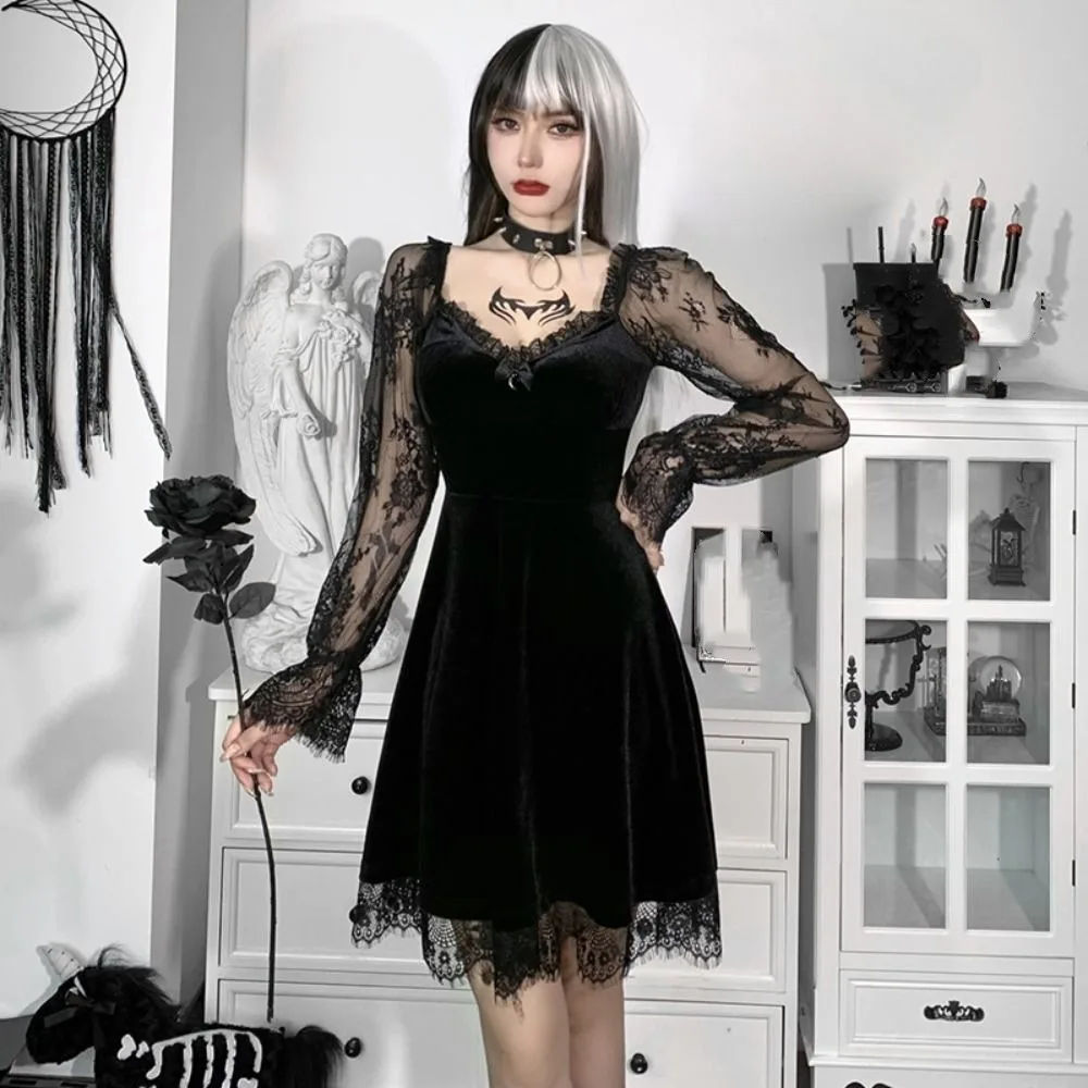 Minivestido transparente de manga larga con volantes para mujer, vestido Vintage de retazos con adornos de encaje, ropa de calle flocada, vestido gótico Y2k