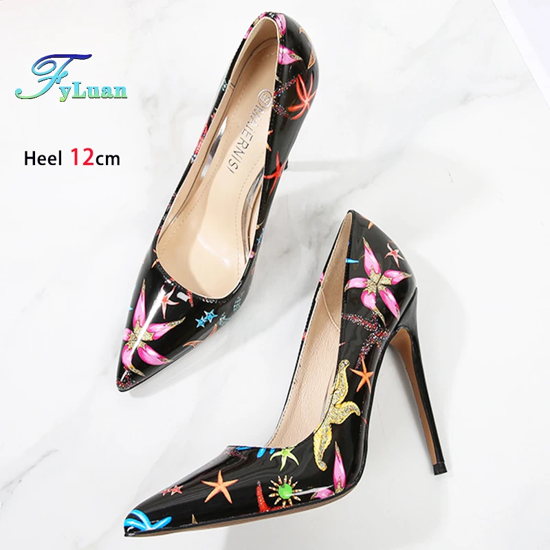 Brand Shiny Patent Leather Female High Heels Fashion Printed Pointed Toe Women Pumps Six Colors Available Shoes Plus Size 35-46