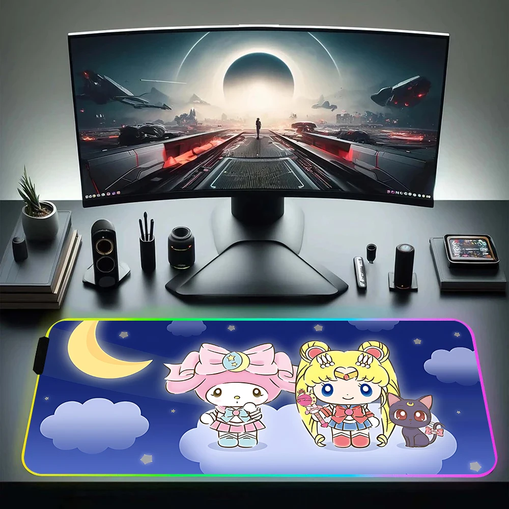 Cute Cartoon S-Sailor Moons RGB Pc Gamer Keyboard Mouse Pad Mousepad LED Glowing Mouse Mats Rubber Gaming Computer Mausepad Gift