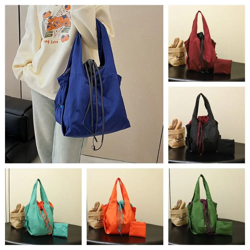 Reusable Drawstring Design Handbag Waterproof Nylon Shopping Eco Bag Large Capacity Storage Bags Foldable Shopping Bag Snack