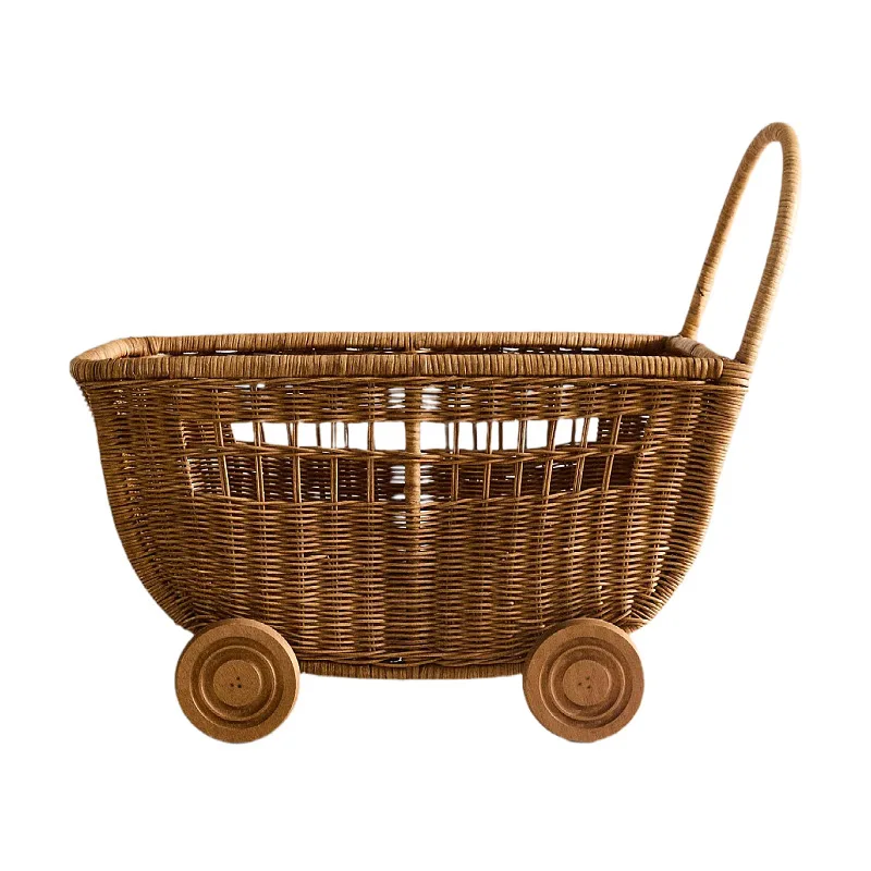 New Rattan Baby Push Walker & Pull Cart, Pretend Play Toy for Toddlers, Ideal First Birthday Gift, Photography Prop Decor
