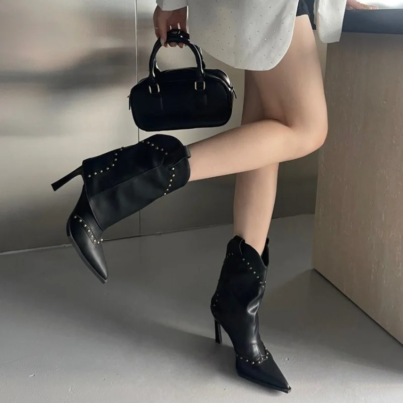 Women's Short Boot High Heels Trend Pointed Toe Studded Boots Leather Flip New Rock Elegant Sexy Fashion Designer Luxury