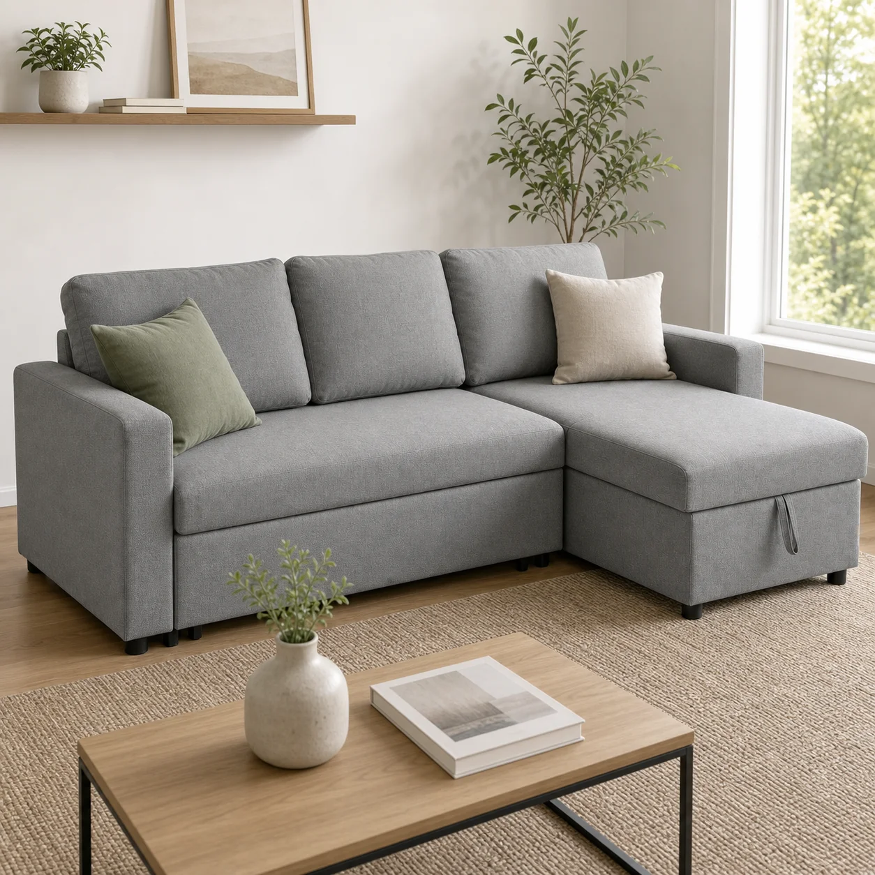 Canapé d'angle en forme de L avec chaise longue de rangement, tissu toucher lin gris clair, 211,5x146x85 cm, canapé-lit convertible avec coffre de rangement, canapé sectionnel moderne