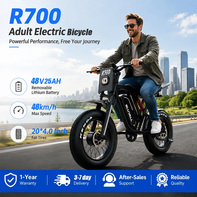 BLUVALL R700, e-bike per adulti con motore singolo, coppia massima di 100 N·m, batteria rimovibile da 48 V e 25 Ah, autonomia di 50-70 km, pneumatici larghi da 20" x 4.0", freni idraulici anteriori e